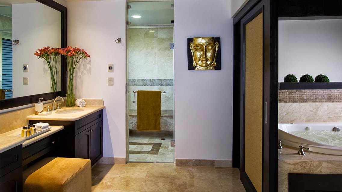 bathroom with steam room and tub