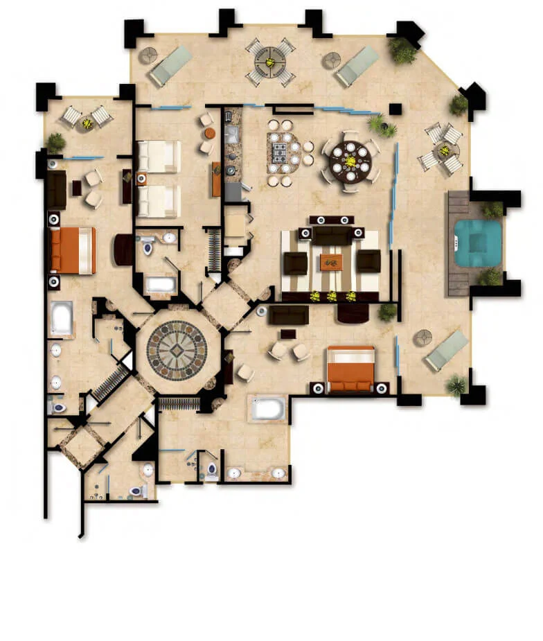 Floor Plan Three Bedroom Ocean Front Villa del Palmar Cancun